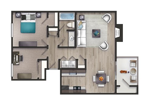 875 Square-Feet Two Bedroom, One and 1/2 Bath Bluegrass Floorplan at The Metropolitan in Lexington, KY